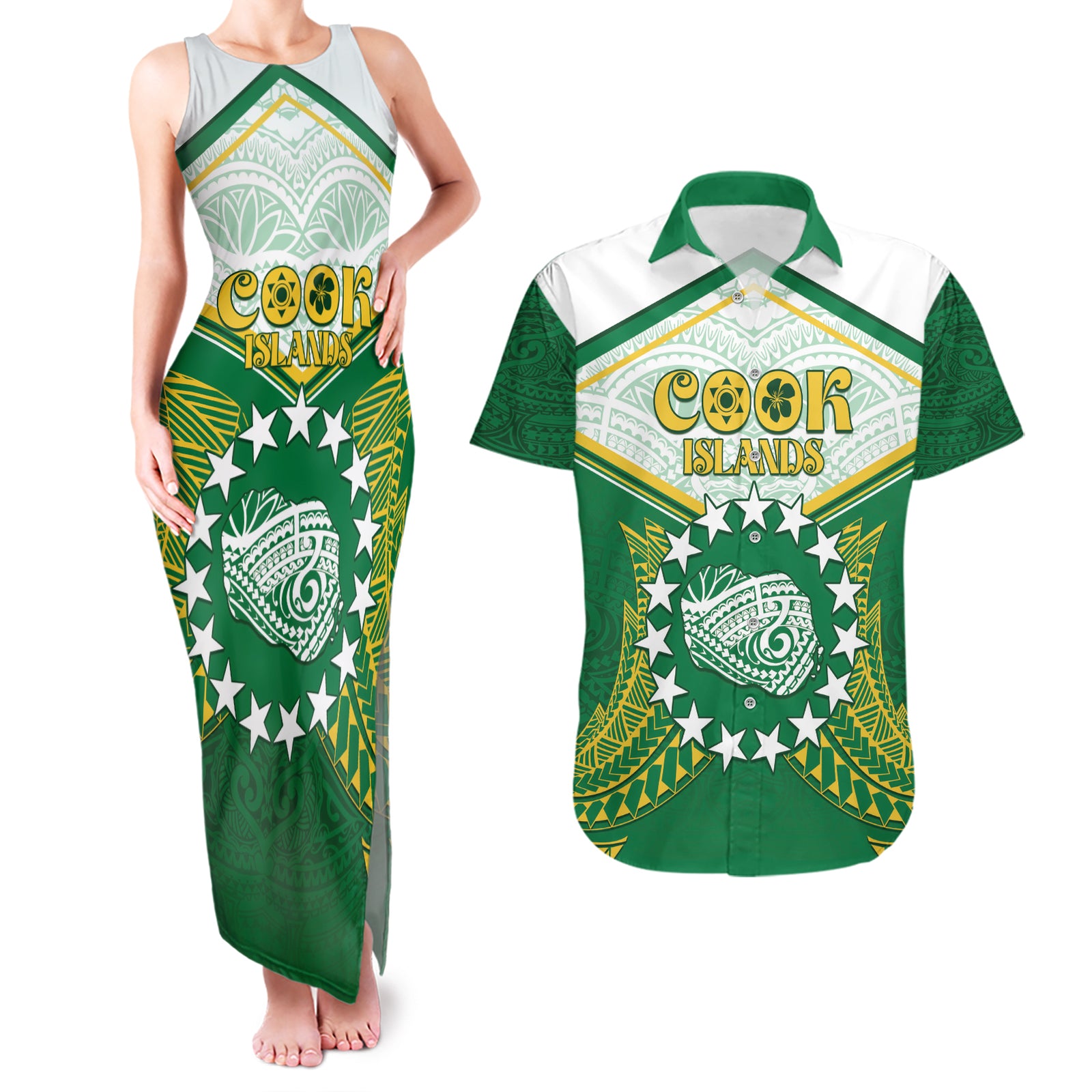 Personalised Cook Islands Ra o te Ui Ariki Couples Matching Tank Maxi Dress and Hawaiian Shirt Polynesian Pattern LT05 Green - Polynesian Pride