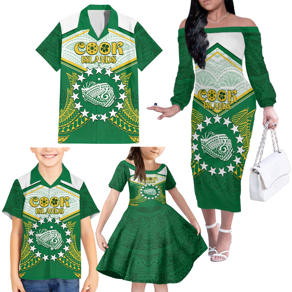 Personalised Cook Islands Ra o te Ui Ariki Family Matching Off The Shoulder Long Sleeve Dress and Hawaiian Shirt Polynesian Pattern