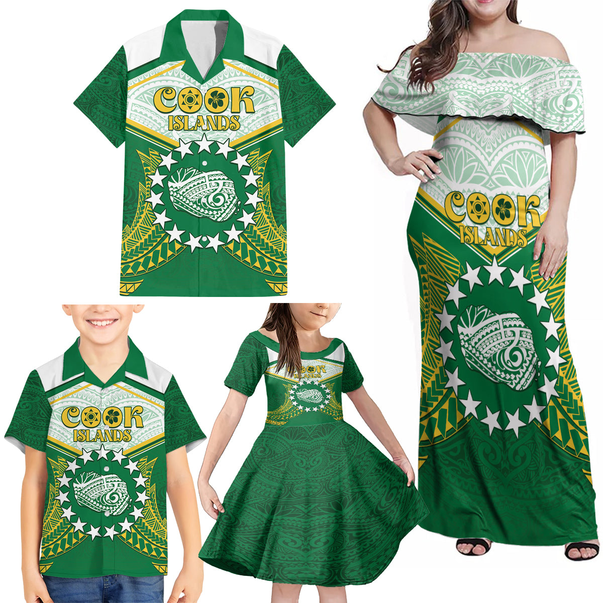 Personalised Cook Islands Ra o te Ui Ariki Family Matching Off Shoulder Maxi Dress and Hawaiian Shirt Polynesian Pattern