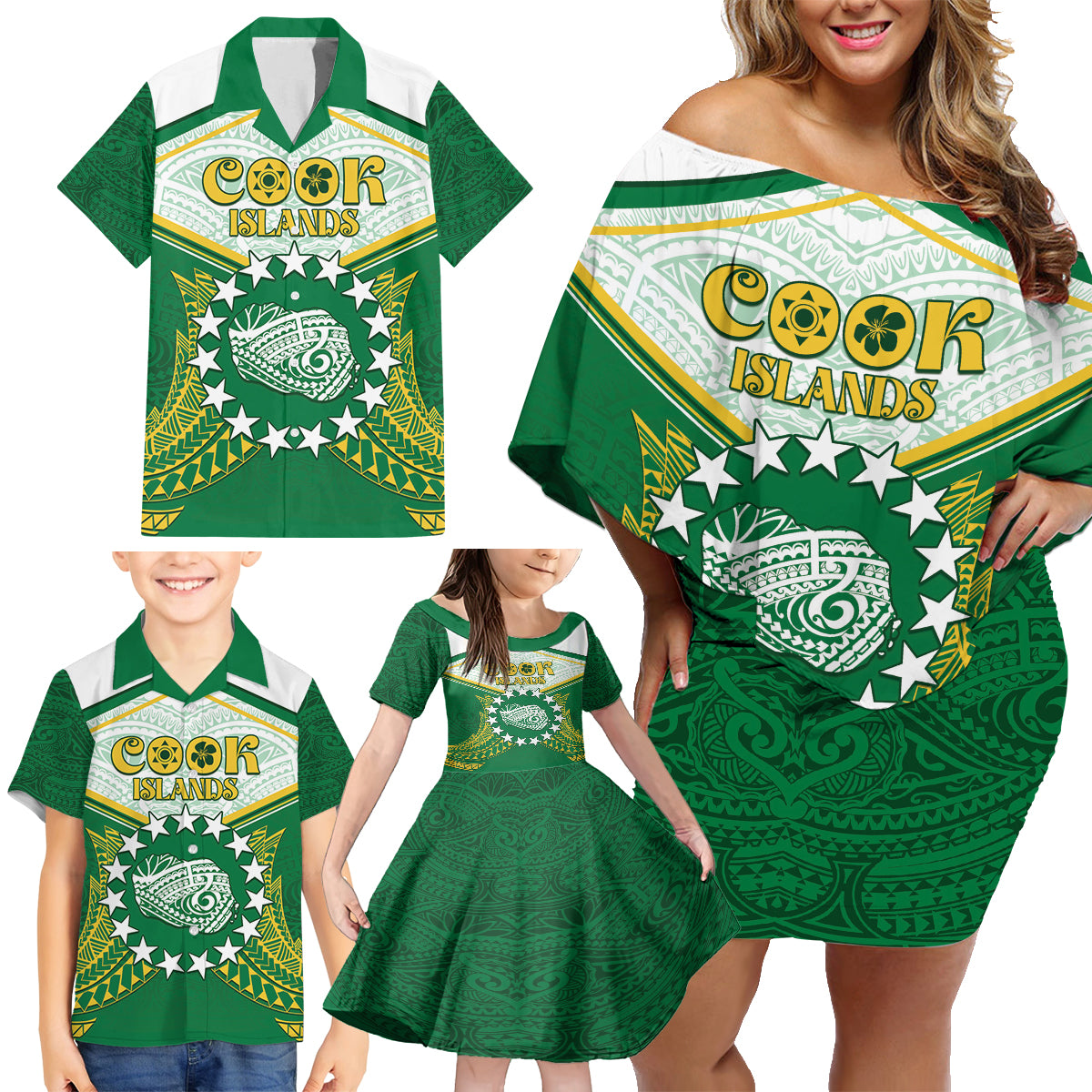 Personalised Cook Islands Ra o te Ui Ariki Family Matching Off Shoulder Short Dress and Hawaiian Shirt Polynesian Pattern