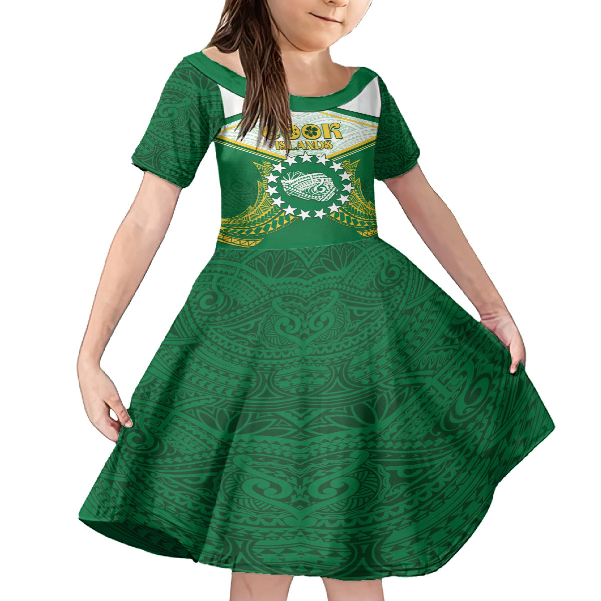 Personalised Cook Islands Ra o te Ui Ariki Family Matching Puletasi and Hawaiian Shirt Polynesian Pattern LT05 Daughter's Dress Green - Polynesian Pride