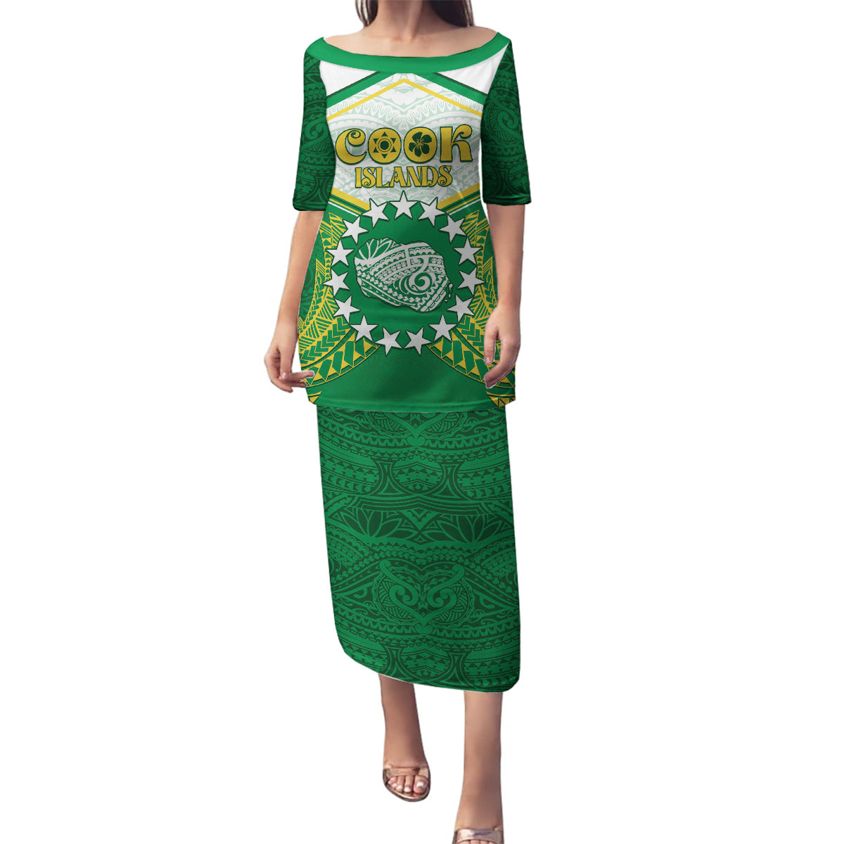 Personalised Cook Islands Ra o te Ui Ariki Family Matching Puletasi and Hawaiian Shirt Polynesian Pattern LT05 Mom's Dress Green - Polynesian Pride