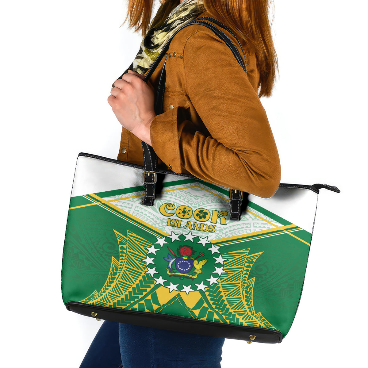 Cook Islands Ra o te Ui Ariki Leather Tote Bag Polynesian Pattern LT05 Green - Polynesian Pride