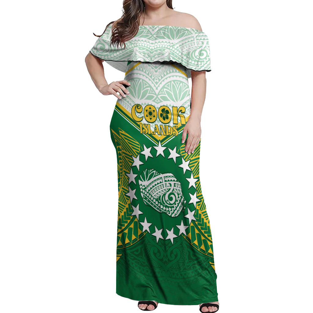 Personalised Cook Islands Ra o te Ui Ariki Off Shoulder Maxi Dress Polynesian Pattern LT05 Women Green - Polynesian Pride