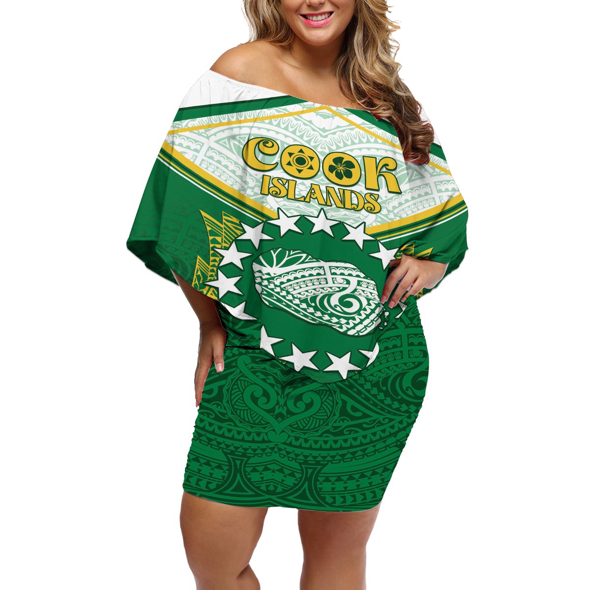 Personalised Cook Islands Ra o te Ui Ariki Off Shoulder Short Dress Polynesian Pattern LT05 Women Green - Polynesian Pride