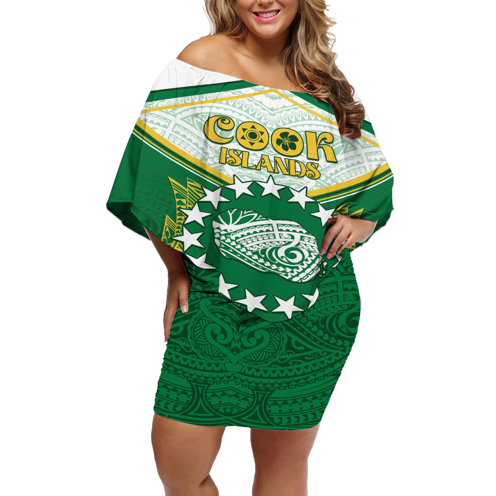 Personalised Cook Islands Ra o te Ui Ariki Off Shoulder Short Dress Polynesian Pattern