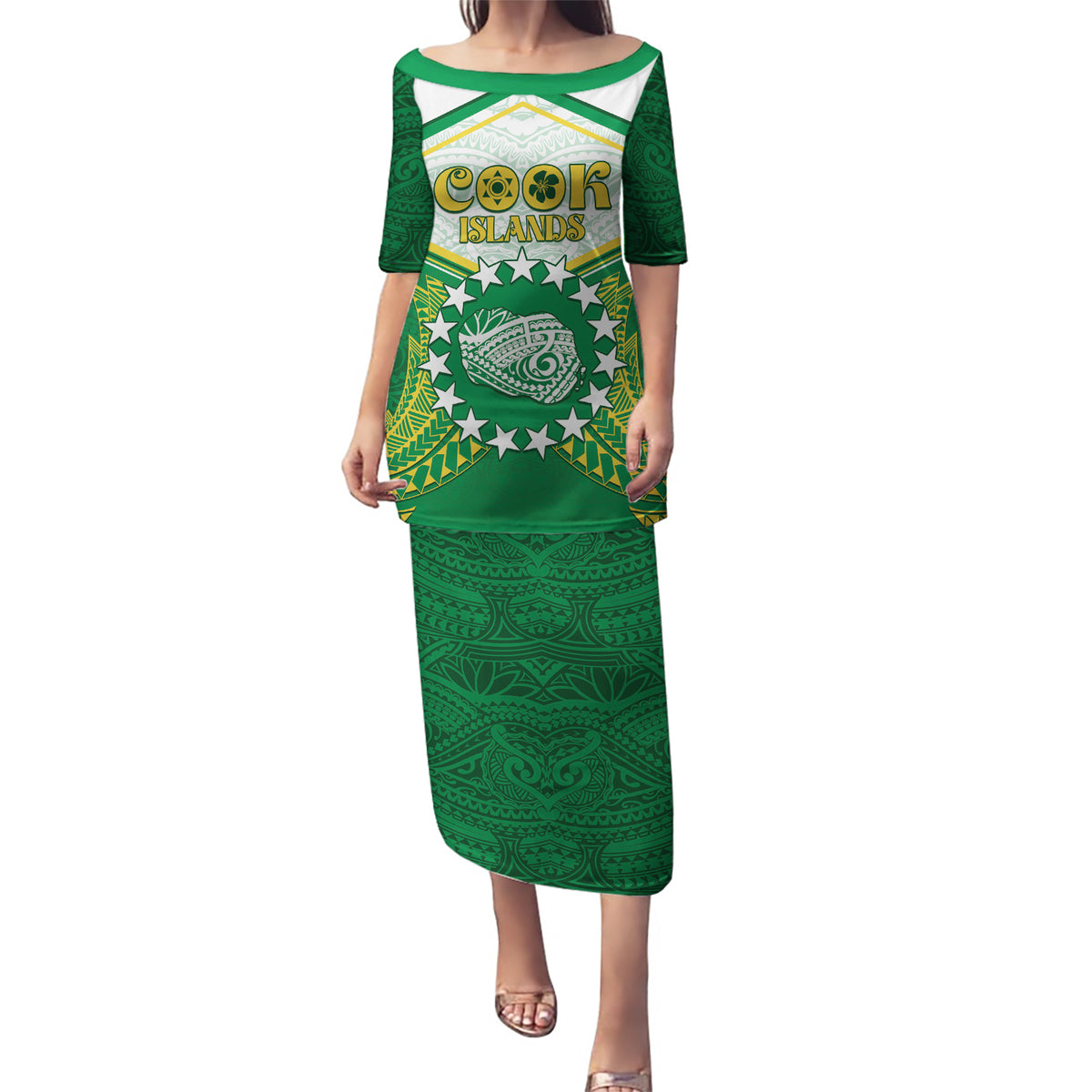 Personalised Cook Islands Ra o te Ui Ariki Puletasi Polynesian Pattern LT05 Long Dress Green - Polynesian Pride