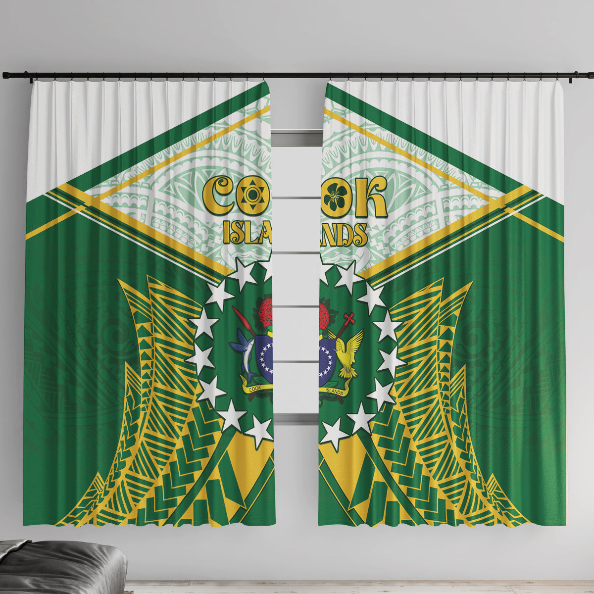 Cook Islands Ra o te Ui Ariki Window Curtain Polynesian Pattern LT05 With Hooks Green - Polynesian Pride
