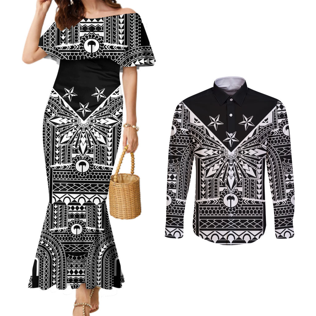 Black Philippines Sun Star Couples Matching Mermaid Dress and Long Sleeve Button Shirt Igorot Tribal Inspiration LT05 Black - Polynesian Pride