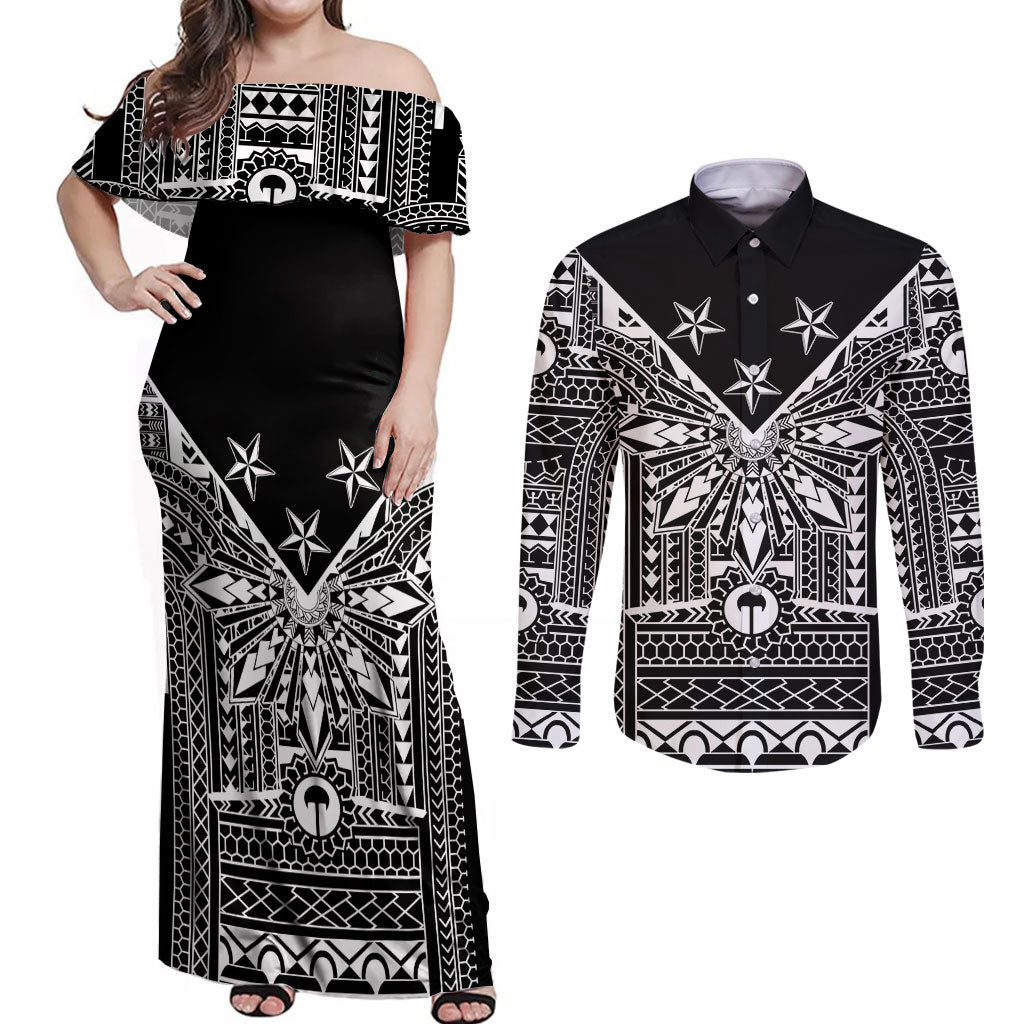 Black Philippines Sun Star Couples Matching Off Shoulder Maxi Dress and Long Sleeve Button Shirt Igorot Tribal Inspiration LT05 Black - Polynesian Pride