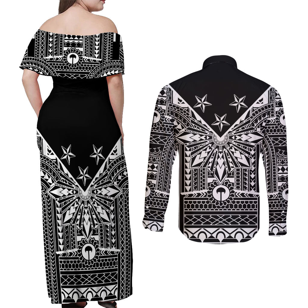 Black Philippines Sun Star Couples Matching Off Shoulder Maxi Dress and Long Sleeve Button Shirt Igorot Tribal Inspiration LT05 - Polynesian Pride