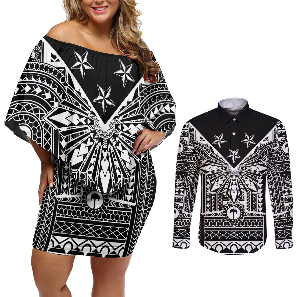Black Philippines Sun Star Couples Matching Off Shoulder Short Dress and Long Sleeve Button Shirt Igorot Tribal Inspiration