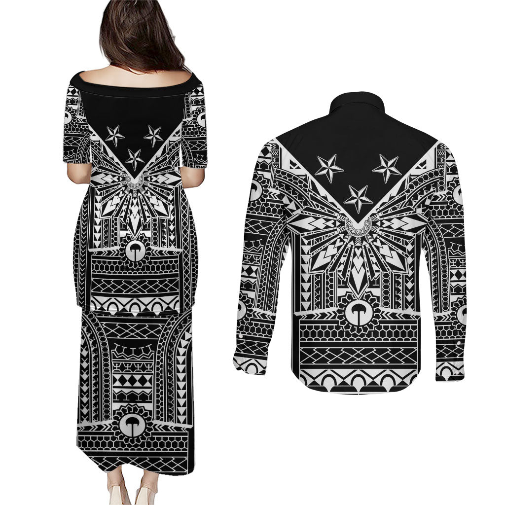 Black Philippines Sun Star Couples Matching Puletasi and Long Sleeve Button Shirt Igorot Tribal Inspiration LT05 - Polynesian Pride