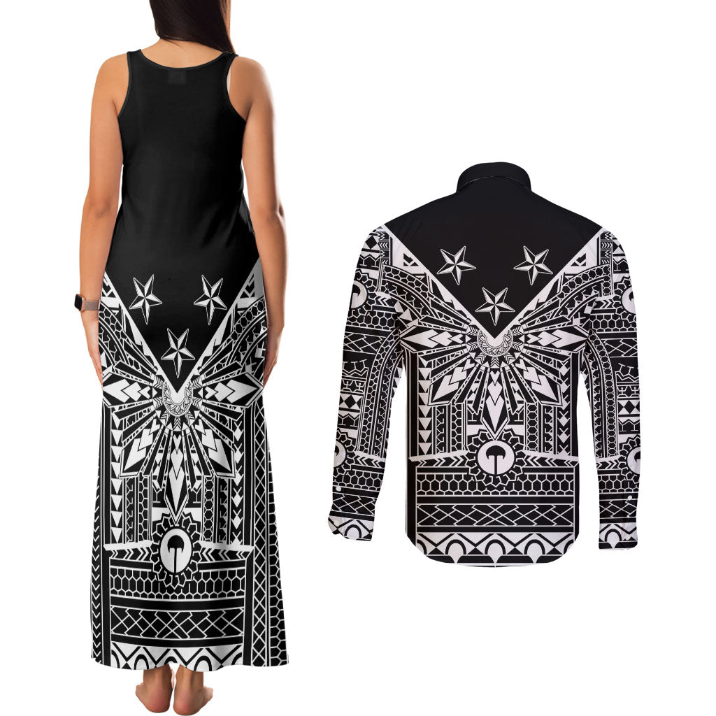 Black Philippines Sun Star Couples Matching Tank Maxi Dress and Long Sleeve Button Shirt Igorot Tribal Inspiration LT05 - Polynesian Pride