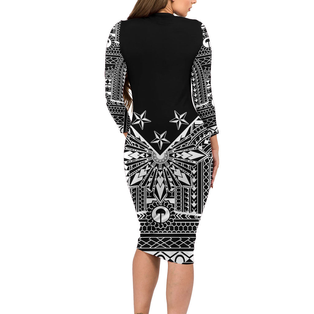 Black Philippines Sun Star Family Matching Long Sleeve Bodycon Dress and Hawaiian Shirt Igorot Tribal Inspiration