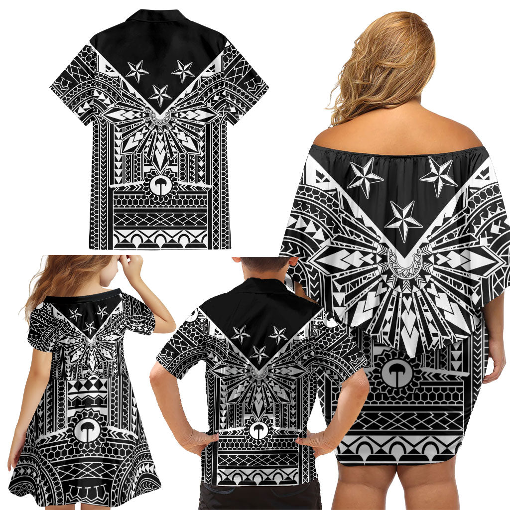 Black Philippines Sun Star Family Matching Off Shoulder Short Dress and Hawaiian Shirt Igorot Tribal Inspiration