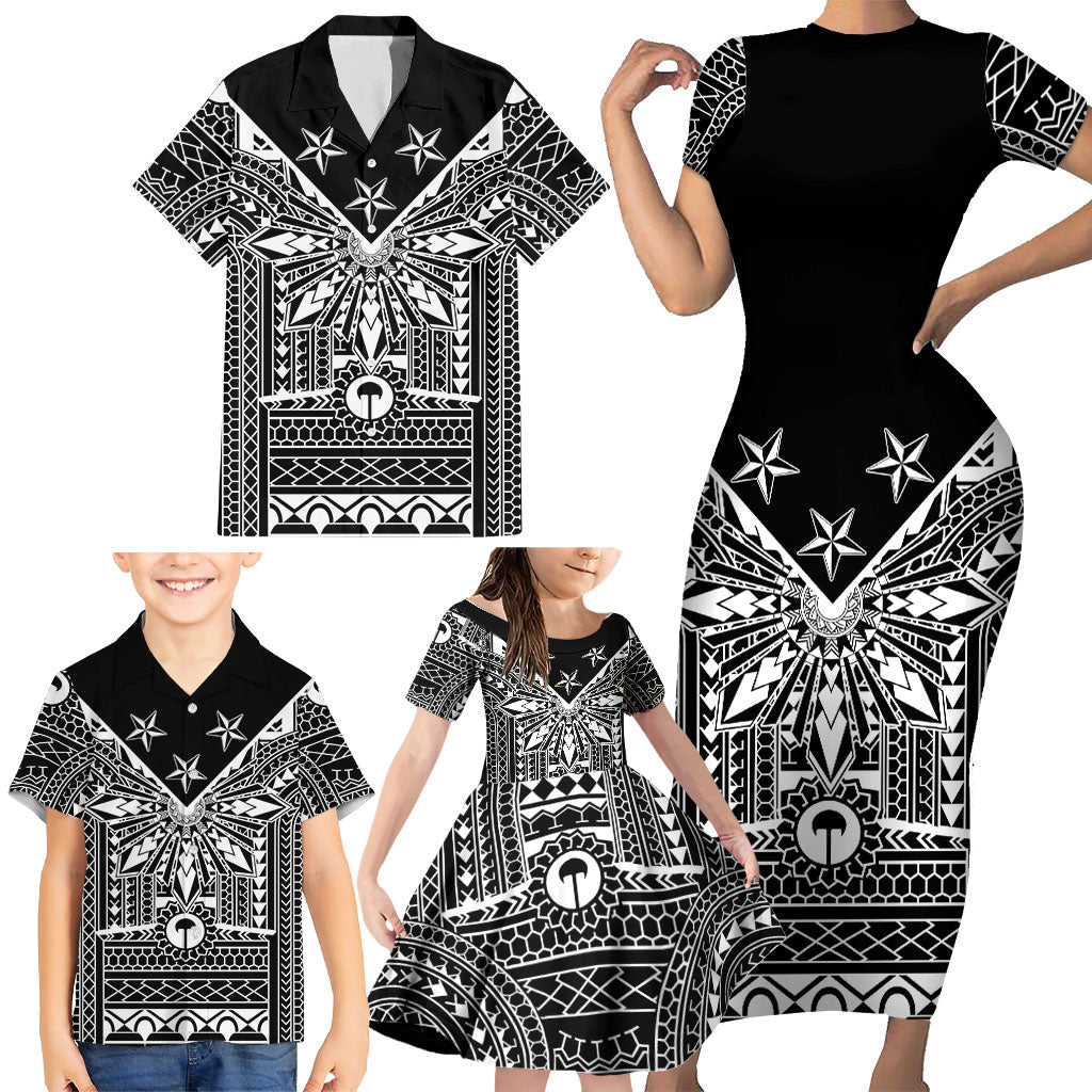 Black Philippines Sun Star Family Matching Short Sleeve Bodycon Dress and Hawaiian Shirt Igorot Tribal Inspiration