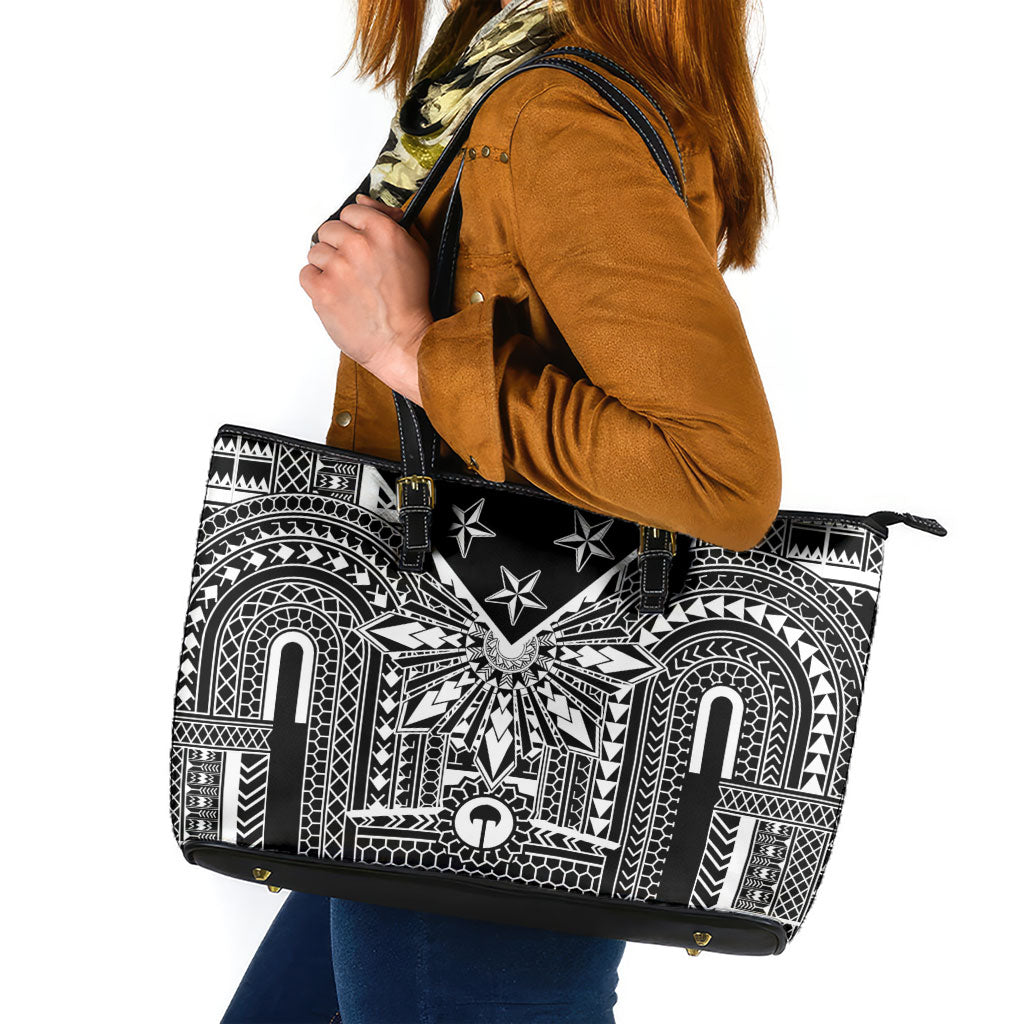 Black Philippines Sun Star Leather Tote Bag Igorot Tribal Inspiration LT05 Black - Polynesian Pride