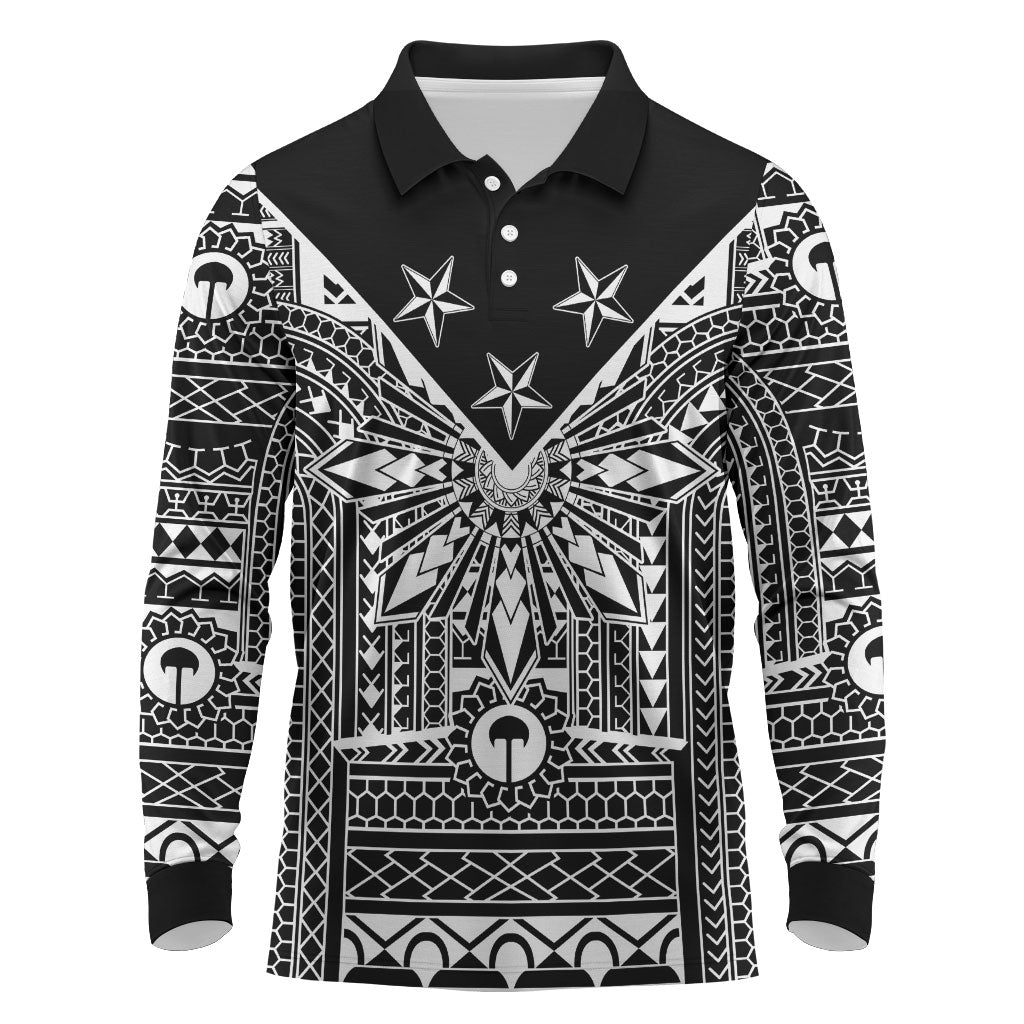 Black Philippines Sun Star Long Sleeve Polo Shirt Igorot Tribal Inspiration