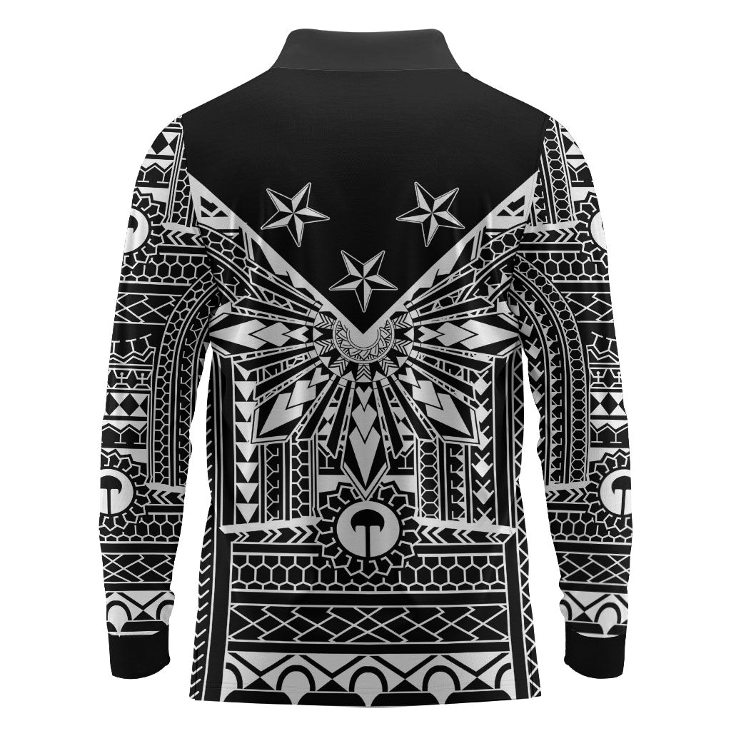 Black Philippines Sun Star Long Sleeve Polo Shirt Igorot Tribal Inspiration LT05 - Polynesian Pride