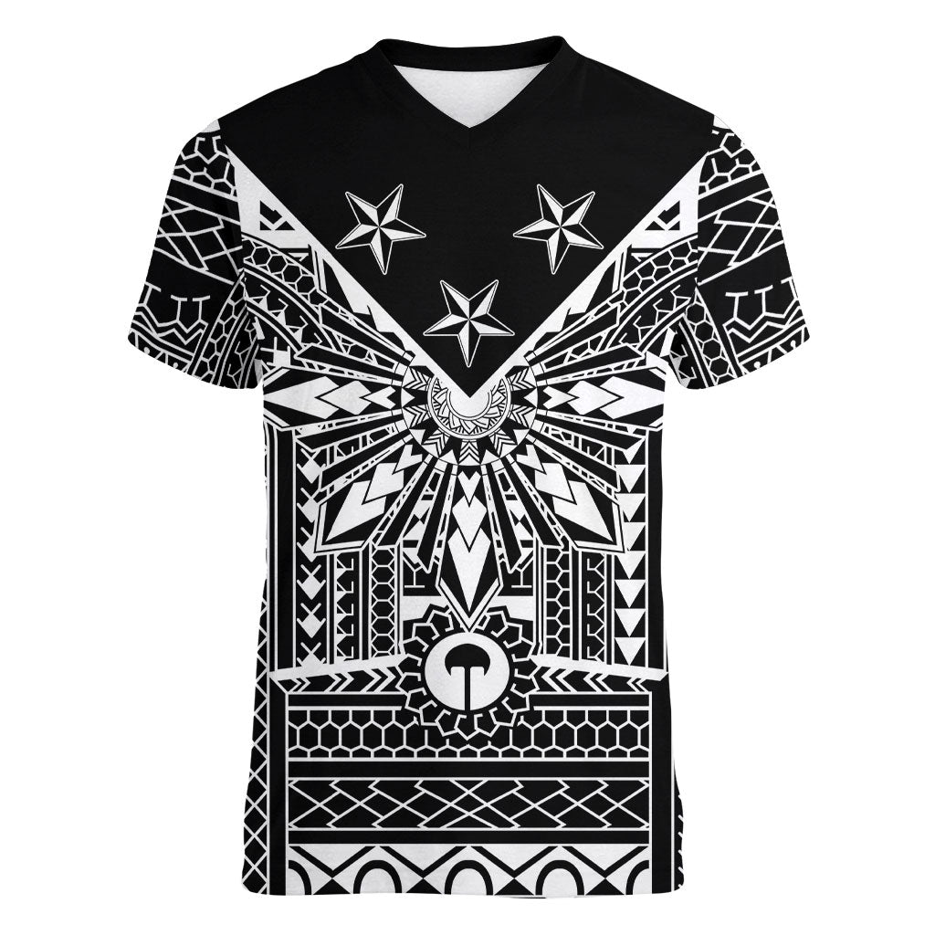 Black Philippines Sun Star Women V-Neck T-Shirt Igorot Tribal Inspiration LT05 Female Black - Polynesian Pride