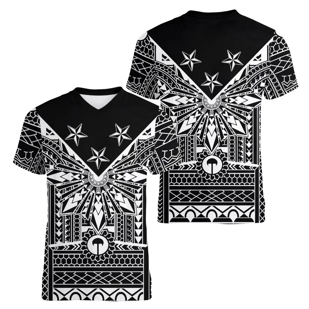 Black Philippines Sun Star Women V-Neck T-Shirt Igorot Tribal Inspiration LT05 - Polynesian Pride