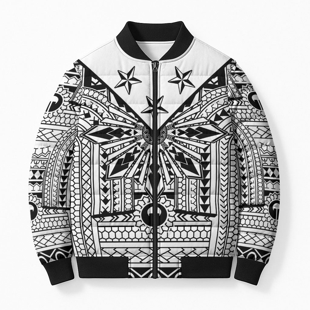 White Philippines Sun Star Bomber Puffer Jacket Igorot Tribal Inspiration