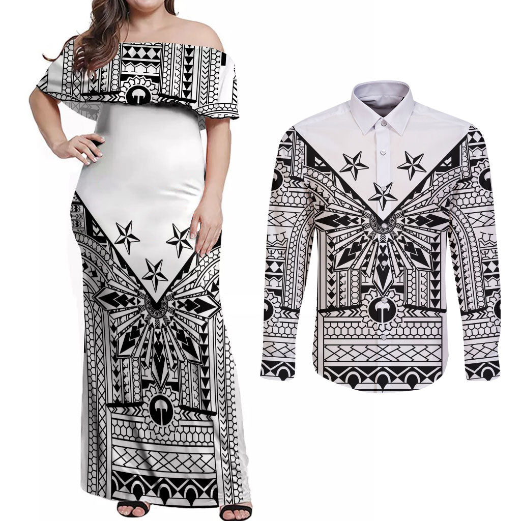 White Philippines Sun Star Couples Matching Off Shoulder Maxi Dress and Long Sleeve Button Shirt Igorot Tribal Inspiration LT05 White - Polynesian Pride