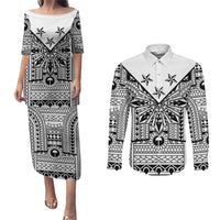 White Philippines Sun Star Couples Matching Puletasi and Long Sleeve Button Shirt Igorot Tribal Inspiration LT05 White - Polynesian Pride