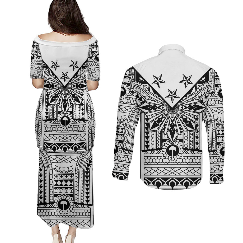 White Philippines Sun Star Couples Matching Puletasi and Long Sleeve Button Shirt Igorot Tribal Inspiration LT05 - Polynesian Pride