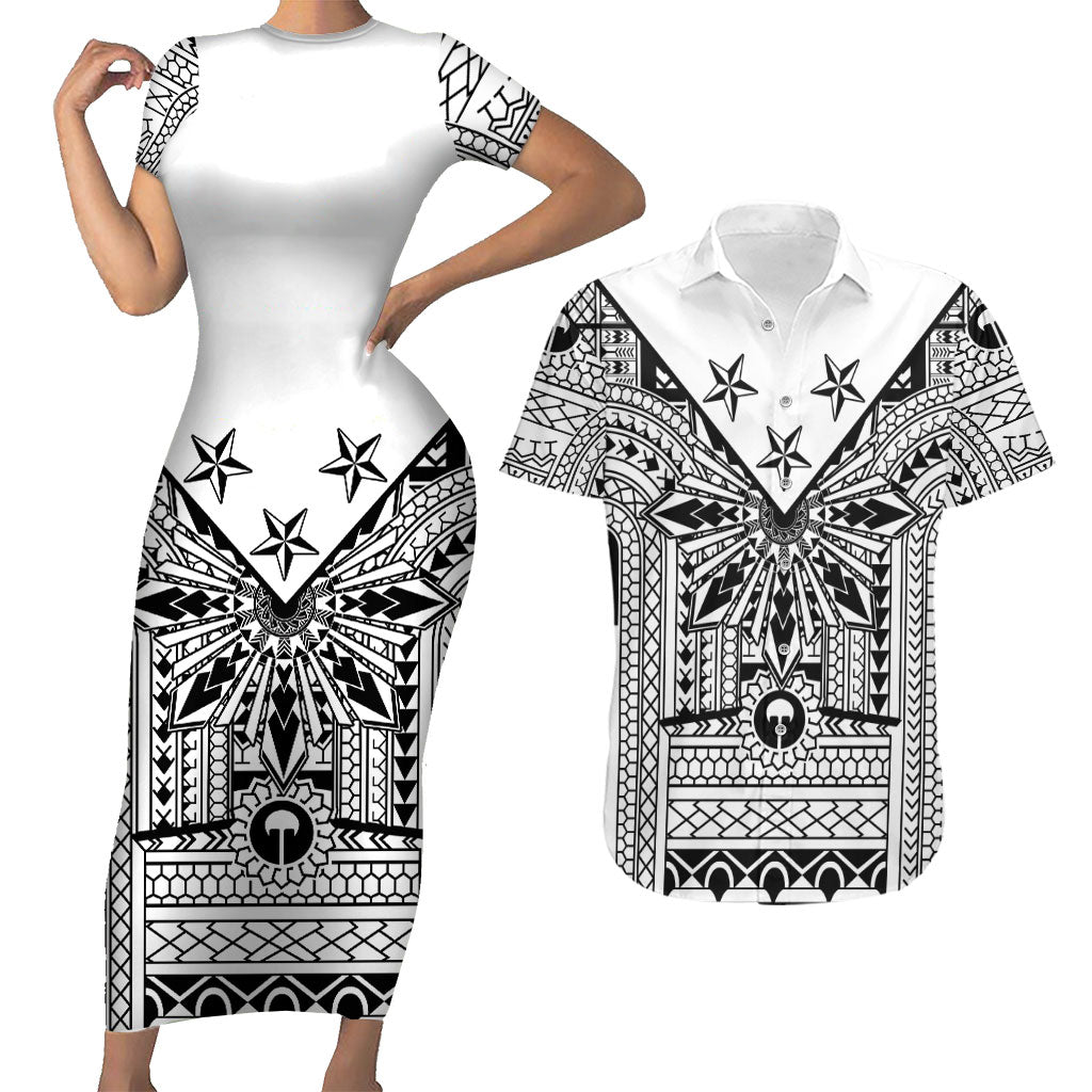White Philippines Sun Star Couples Matching Short Sleeve Bodycon Dress and Hawaiian Shirt Igorot Tribal Inspiration