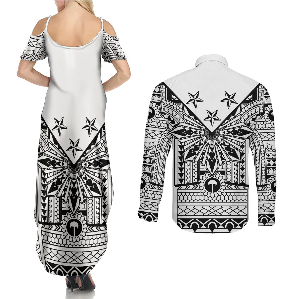 White Philippines Sun Star Couples Matching Summer Maxi Dress and Long Sleeve Button Shirt Igorot Tribal Inspiration LT05 - Polynesian Pride