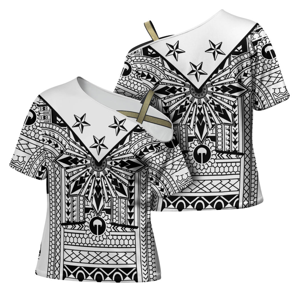 White Philippines Sun Star Cross Shoulder Shirt Igorot Tribal Inspiration LT05 - Polynesian Pride