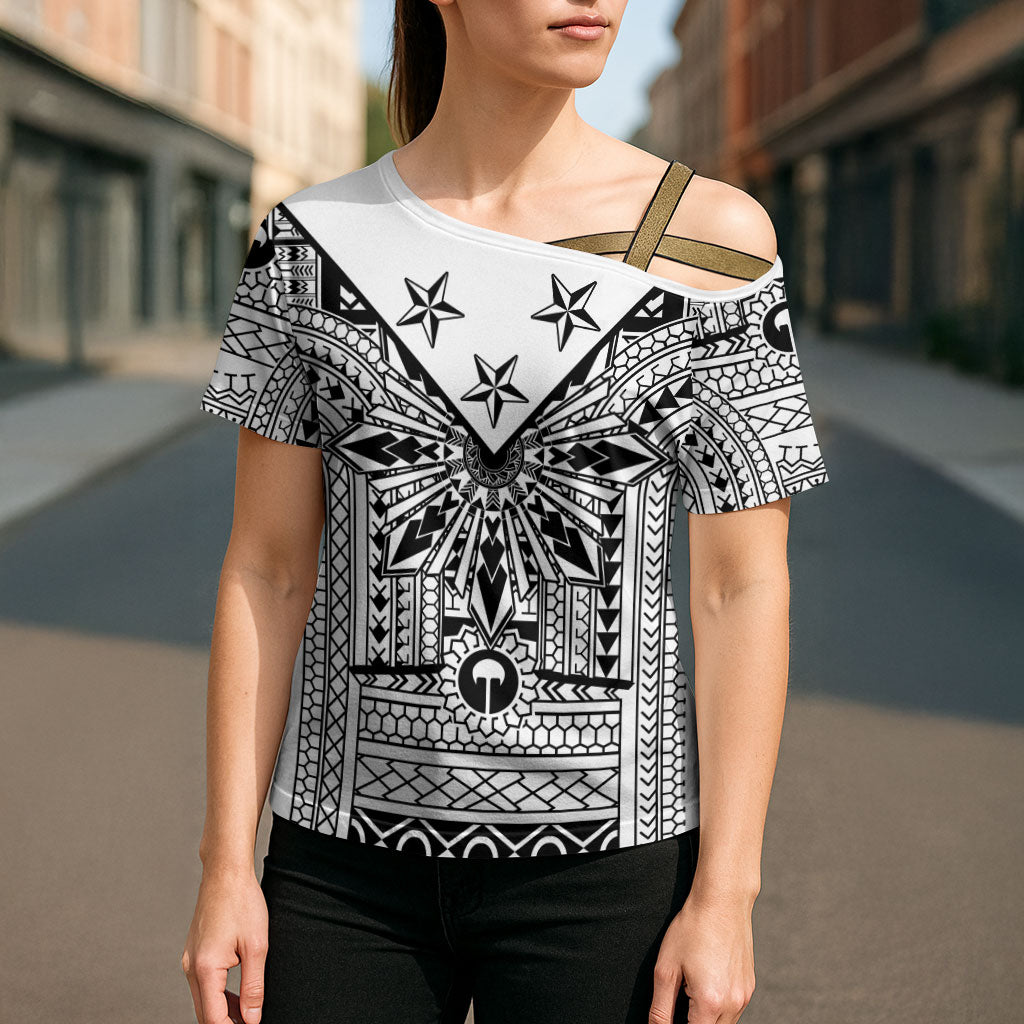 White Philippines Sun Star Cross Shoulder Shirt Igorot Tribal Inspiration LT05 - Polynesian Pride