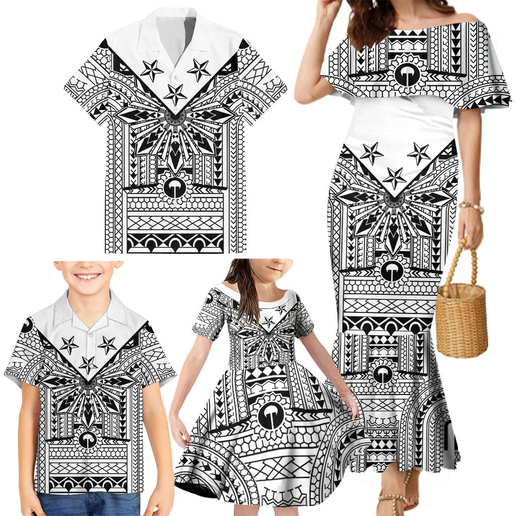 White Philippines Sun Star Family Matching Mermaid Dress and Hawaiian Shirt Igorot Tribal Inspiration