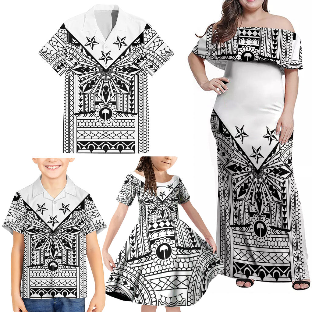 White Philippines Sun Star Family Matching Off Shoulder Maxi Dress and Hawaiian Shirt Igorot Tribal Inspiration