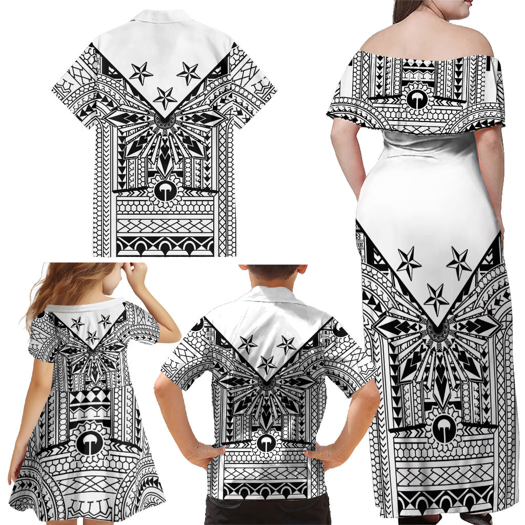 White Philippines Sun Star Family Matching Off Shoulder Maxi Dress and Hawaiian Shirt Igorot Tribal Inspiration