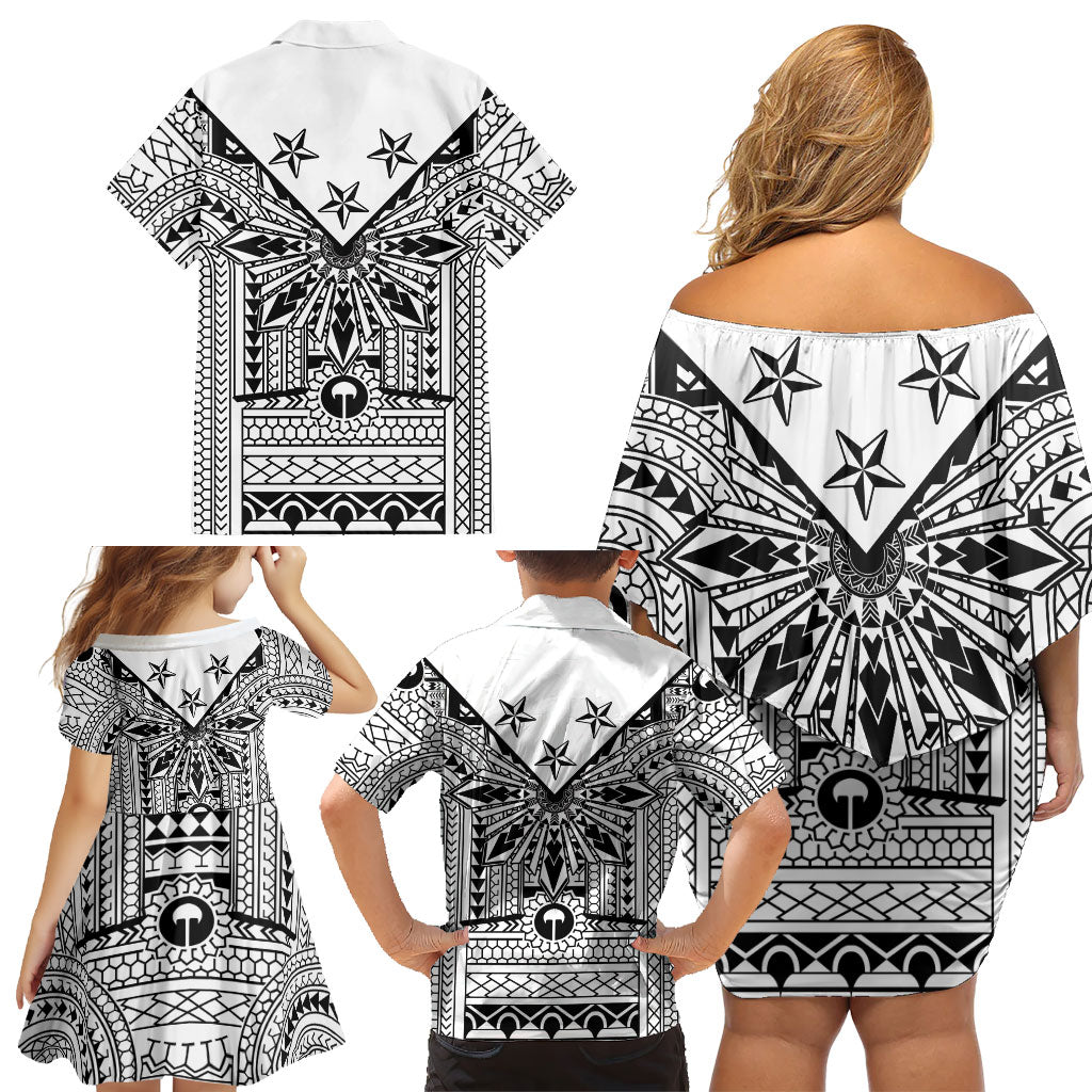 White Philippines Sun Star Family Matching Off Shoulder Short Dress and Hawaiian Shirt Igorot Tribal Inspiration