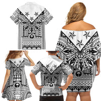 White Philippines Sun Star Family Matching Off Shoulder Short Dress and Hawaiian Shirt Igorot Tribal Inspiration