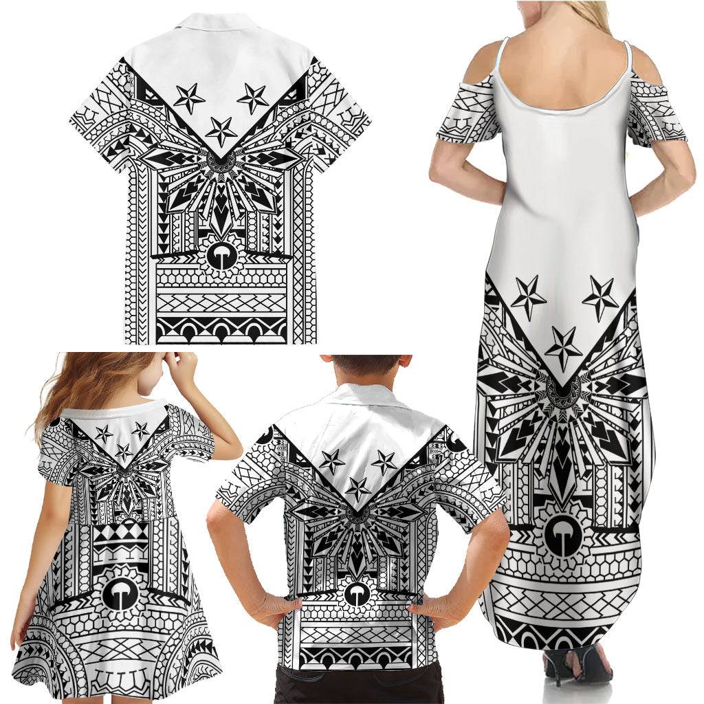White Philippines Sun Star Family Matching Summer Maxi Dress and Hawaiian Shirt Igorot Tribal Inspiration