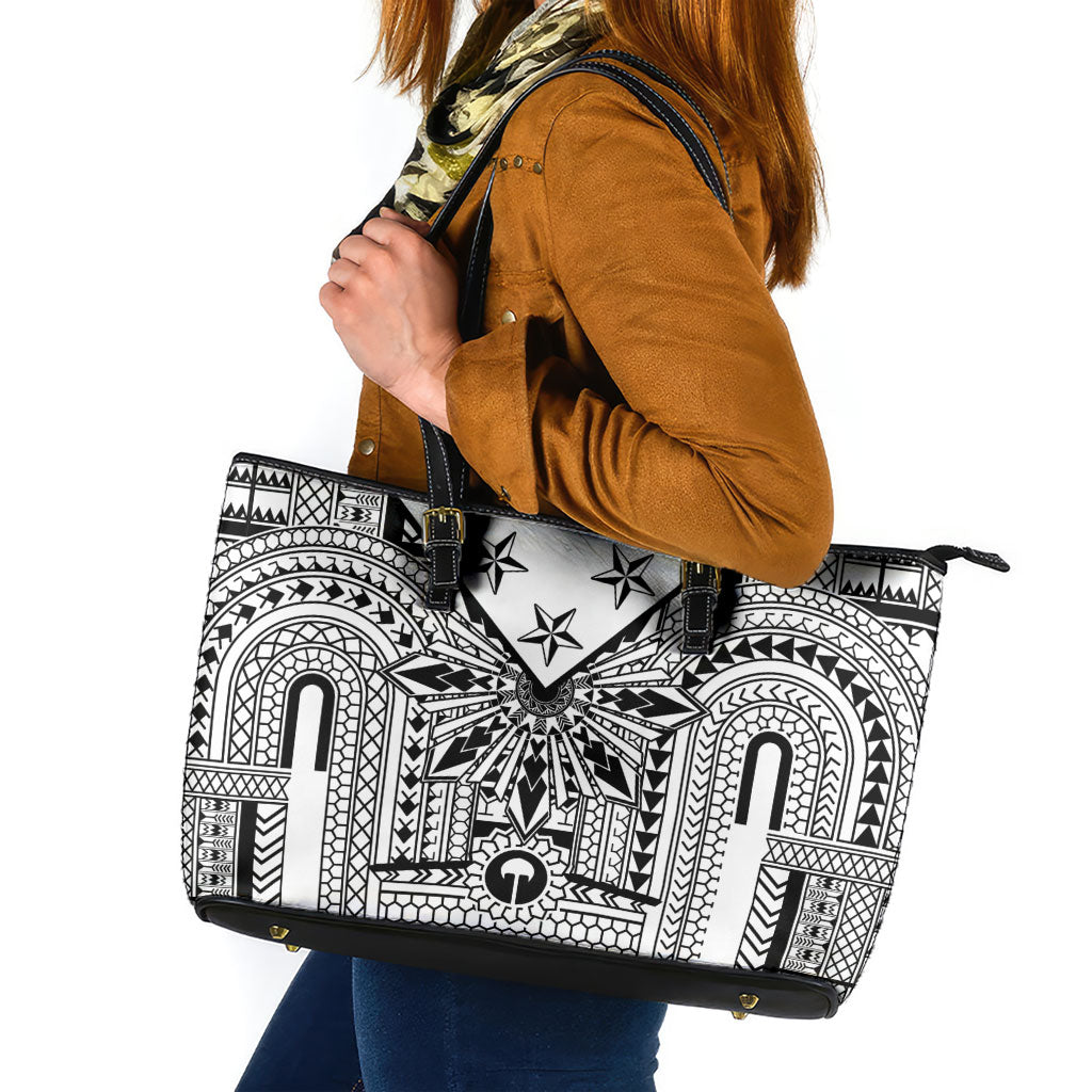 White Philippines Sun Star Leather Tote Bag Igorot Tribal Inspiration LT05 White - Polynesian Pride