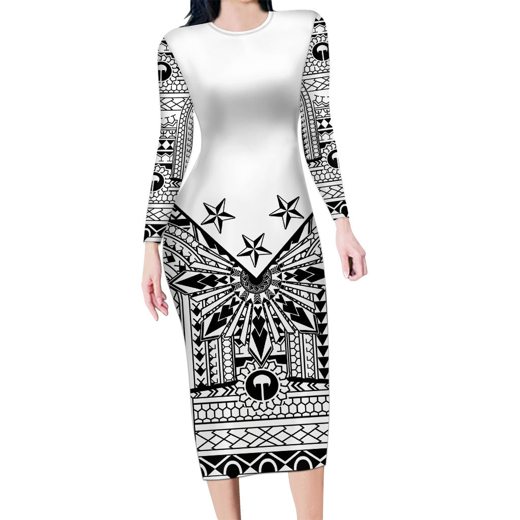 White Philippines Sun Star Long Sleeve Bodycon Dress Igorot Tribal Inspiration LT05 Long Dress White - Polynesian Pride
