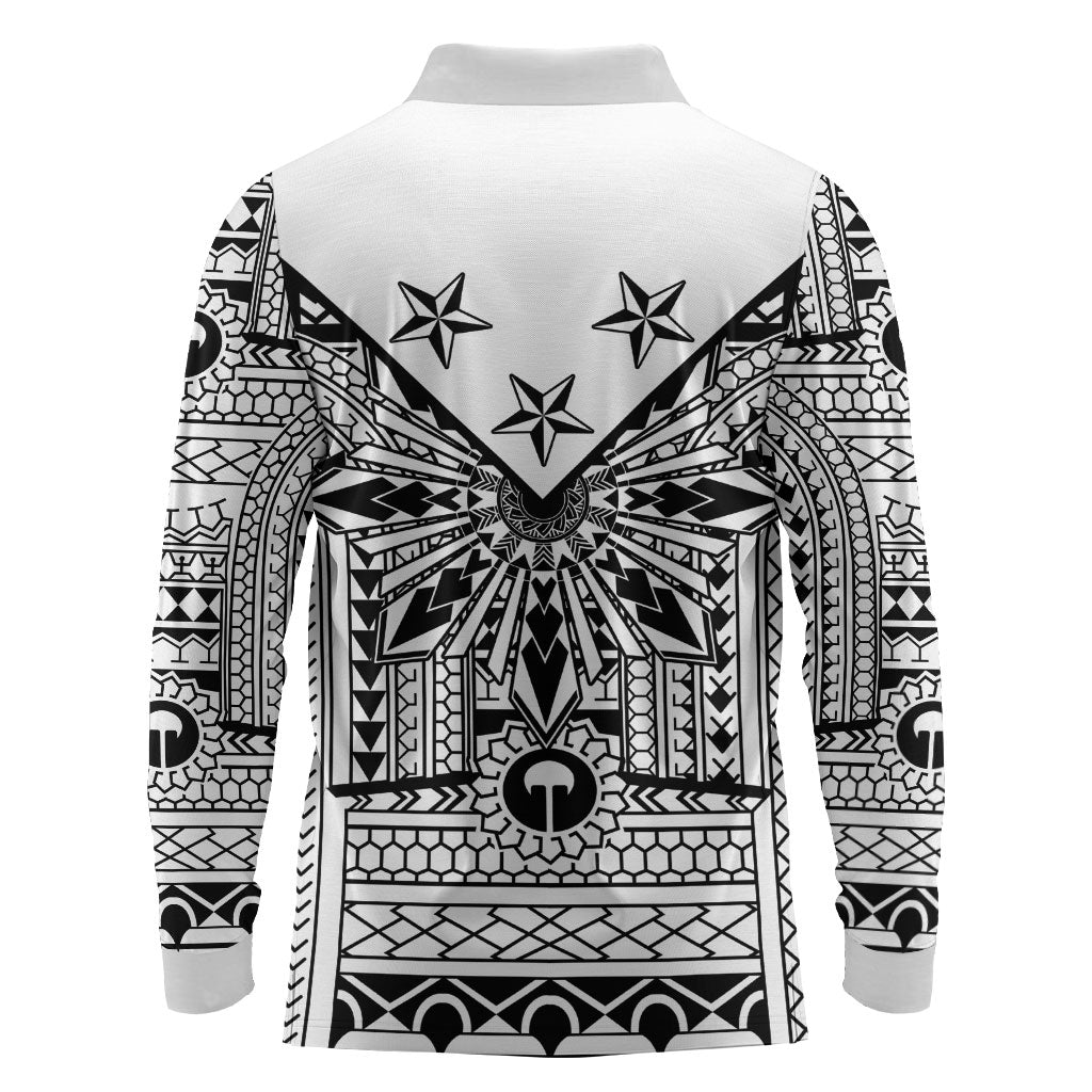 White Philippines Sun Star Long Sleeve Polo Shirt Igorot Tribal Inspiration LT05 - Polynesian Pride