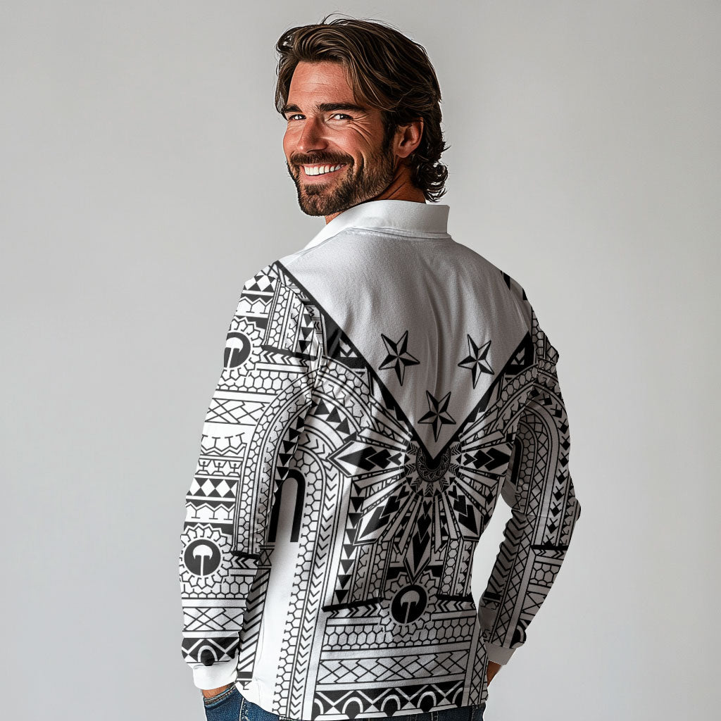 White Philippines Sun Star Long Sleeve Polo Shirt Igorot Tribal Inspiration LT05 - Polynesian Pride