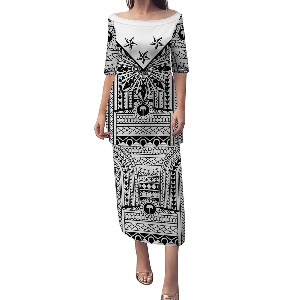 White Philippines Sun Star Puletasi Igorot Tribal Inspiration LT05 Long Dress White - Polynesian Pride