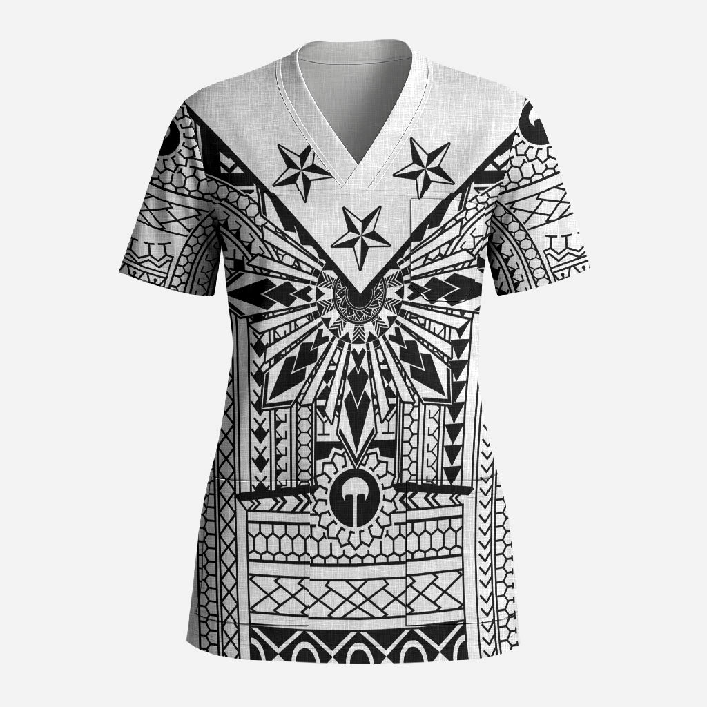 White Philippines Sun Star Scrub Top Igorot Tribal Inspiration