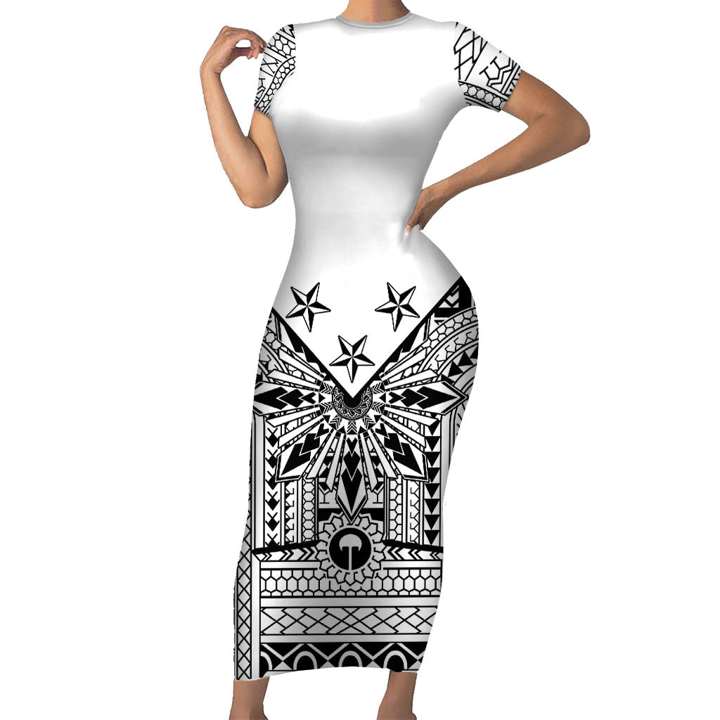 White Philippines Sun Star Short Sleeve Bodycon Dress Igorot Tribal Inspiration LT05 Long Dress White - Polynesian Pride