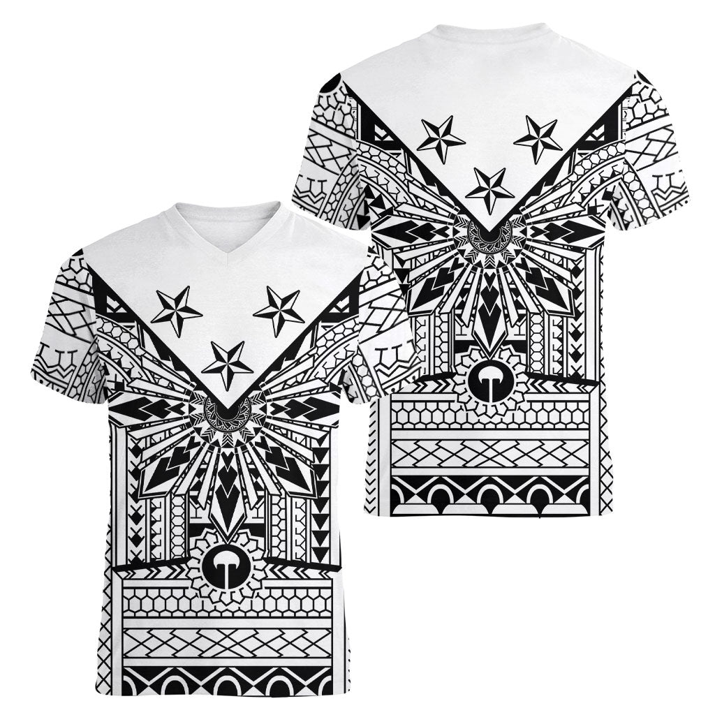 White Philippines Sun Star Women V-Neck T-Shirt Igorot Tribal Inspiration LT05 - Polynesian Pride