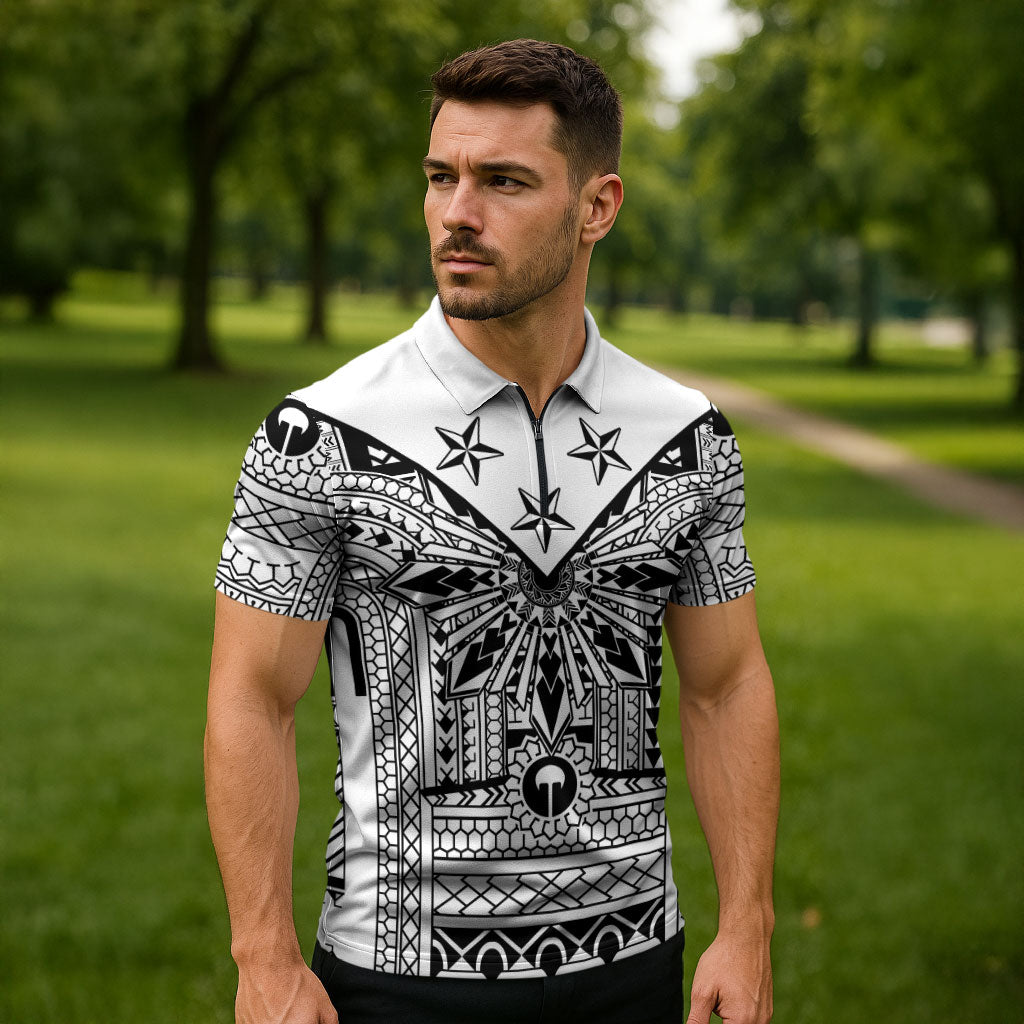 White Philippines Sun Star Zipper Polo Shirt Igorot Tribal Inspiration LT05 - Polynesian Pride
