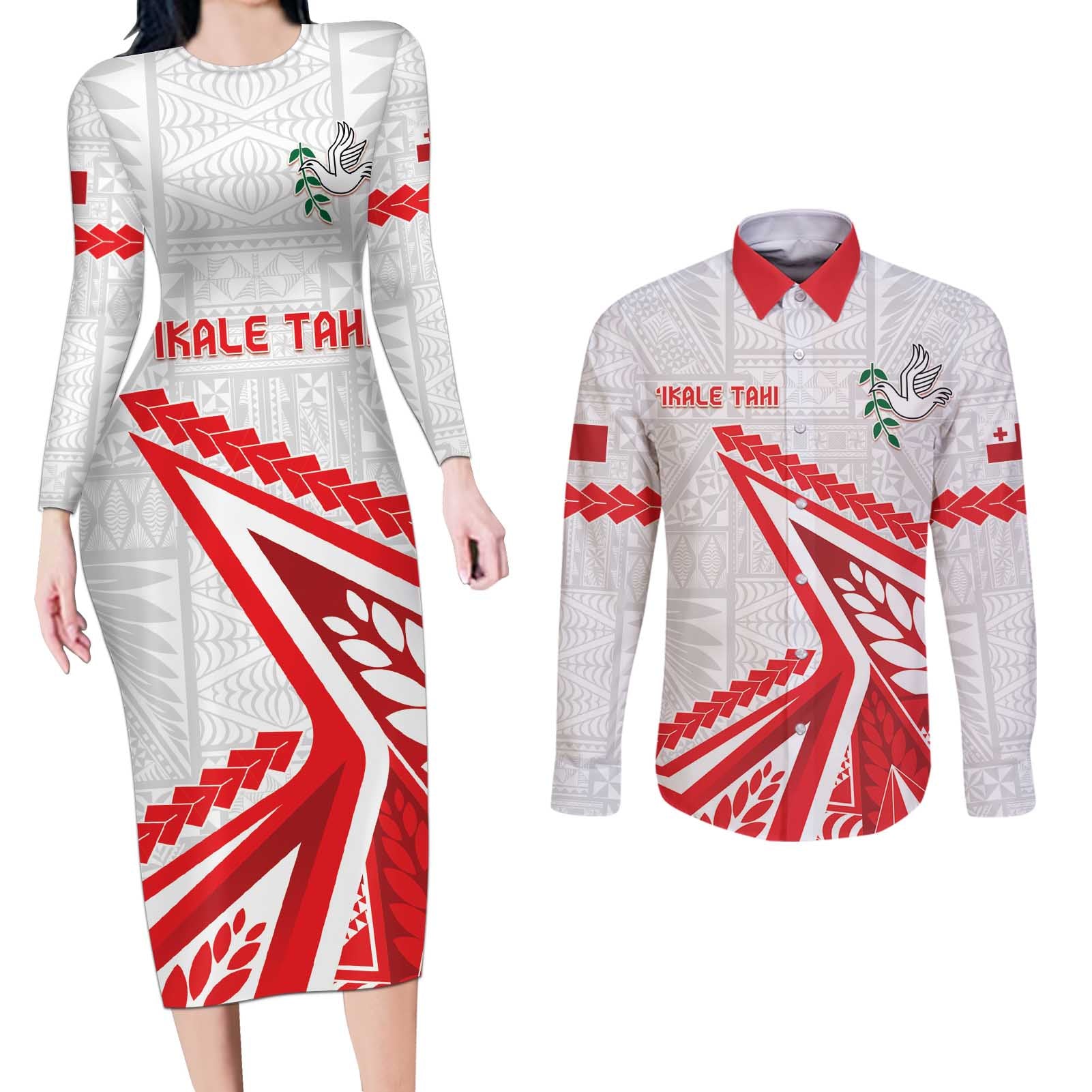 Custom Tonga Rugby 2024 Pacific Couples Matching Long Sleeve Bodycon Dress and Long Sleeve Button Shirt Go Ikale Tahi